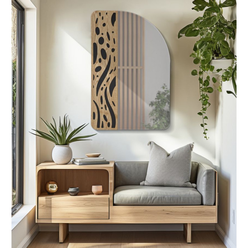 Miroir mural moderne Arrondi 60x90 en Bois de frêne Naturel Noir Terry 