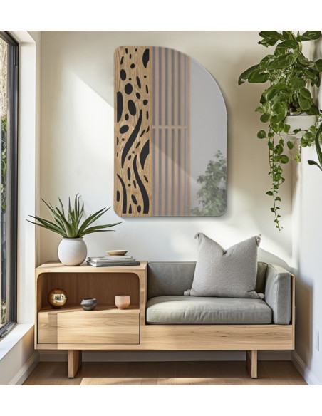 Miroir mural moderne Arrondi 60x90 en Bois de frêne Naturel Noir Terry 