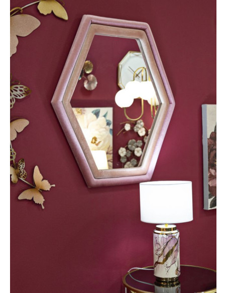 Miroir mural original Hexagonal 75x80 en Velours Rose Bois Tony 