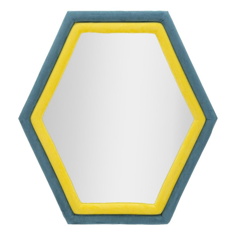 Miroir mural original Hexagonal 75x80 en Velours Bleu Jaune Bois Tony 