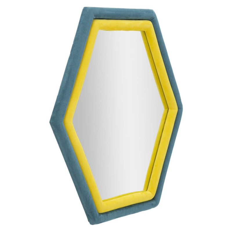 Miroir mural original Hexagonal 75x80 en Velours Bleu Jaune Bois Tony 