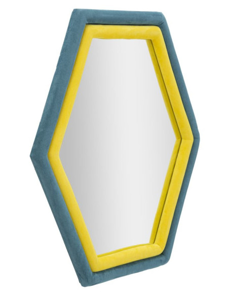 Miroir mural original Hexagonal 75x80 en Velours Bleu Jaune Bois Tony 