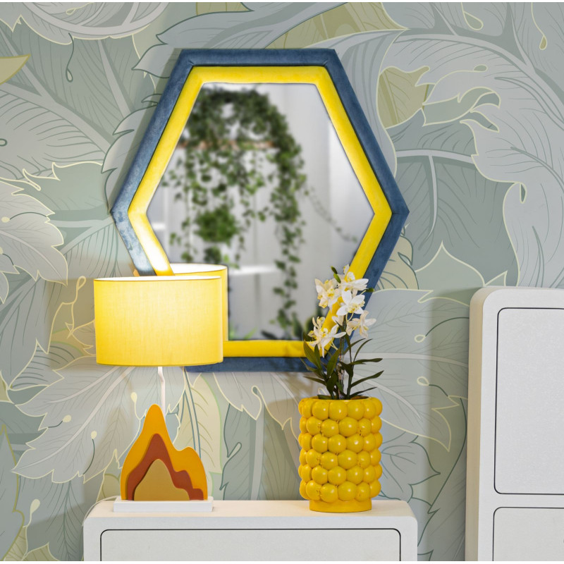 Miroir mural original Hexagonal 75x80 en Velours Bleu Jaune Bois Tony 