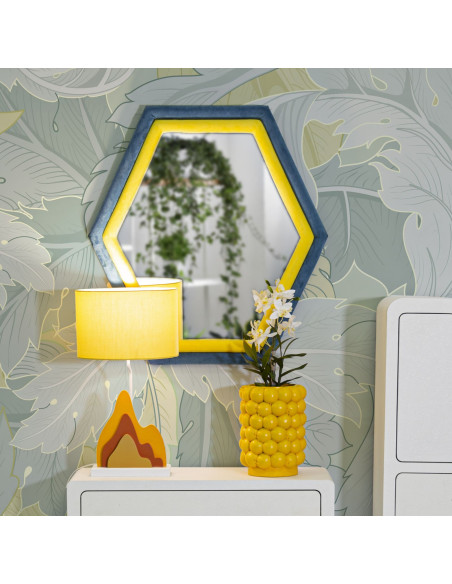 Miroir mural original Hexagonal 75x80 en Velours Bleu Jaune Bois Tony 