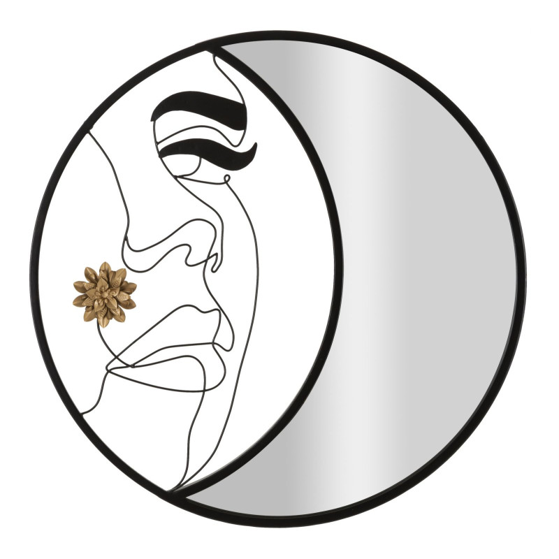 Miroir mural original XL Visage abstrait Rond 80x80 en Métal Noir Doré Melly 