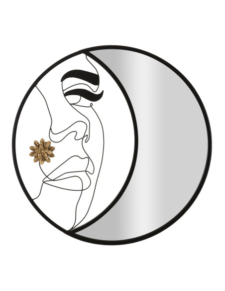 Miroir mural original XL Visage abstrait Rond 80x80 en Métal Noir Doré Melly 