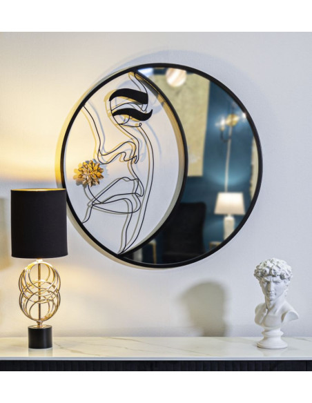 Miroir mural original XL Visage abstrait Rond 80x80 en Métal Noir Doré Melly 