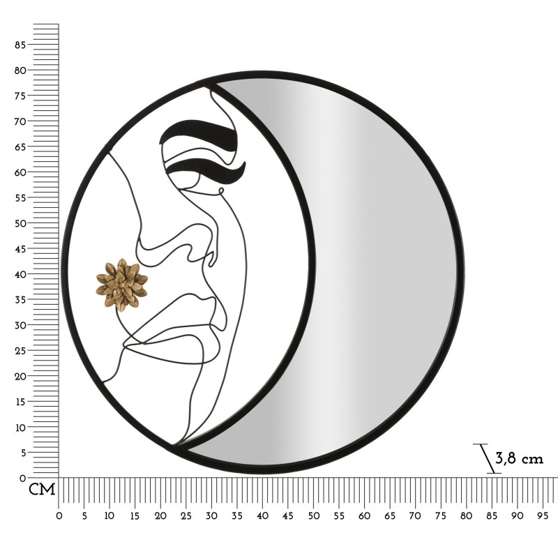 Miroir mural original XL Visage abstrait Rond 80x80 en Métal Noir Doré Melly 