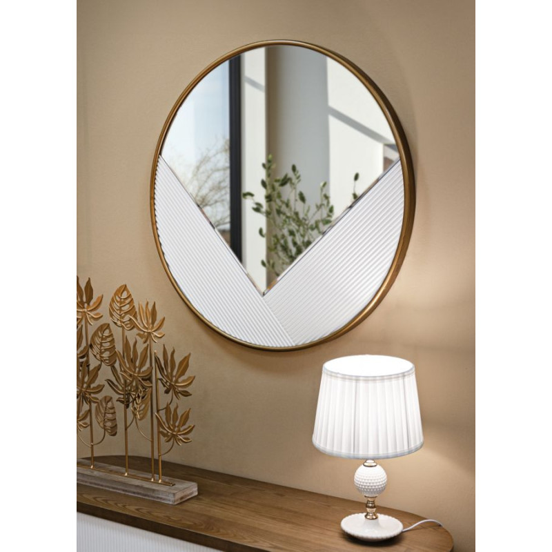 Miroir mural moderne XL Rond 80x80 en Bois Blanc Métal Doré Tolosa 