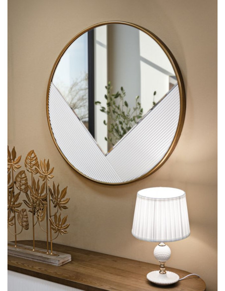 Miroir mural moderne XL Rond 80x80 en Bois Blanc Métal Doré Tolosa 