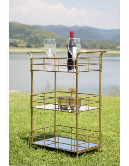 Desserte moderne sur roulettes Rectangulaire 3 niveaux en Métal Doré Verre Glam 