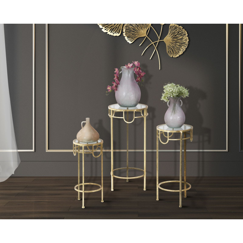 Sellette haute moderne Ronde en Métal Doré Verre Transparent Gold (Lot de 3) 