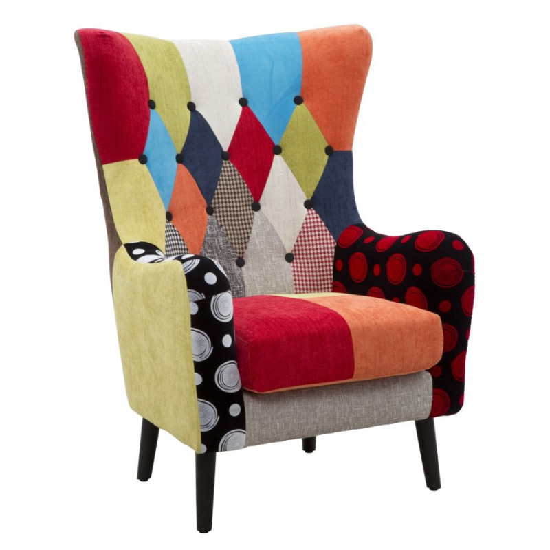 Fauteuil moderne Patchwork en Tissu Multicolore Bois Noir Bois de pin Imperial 
