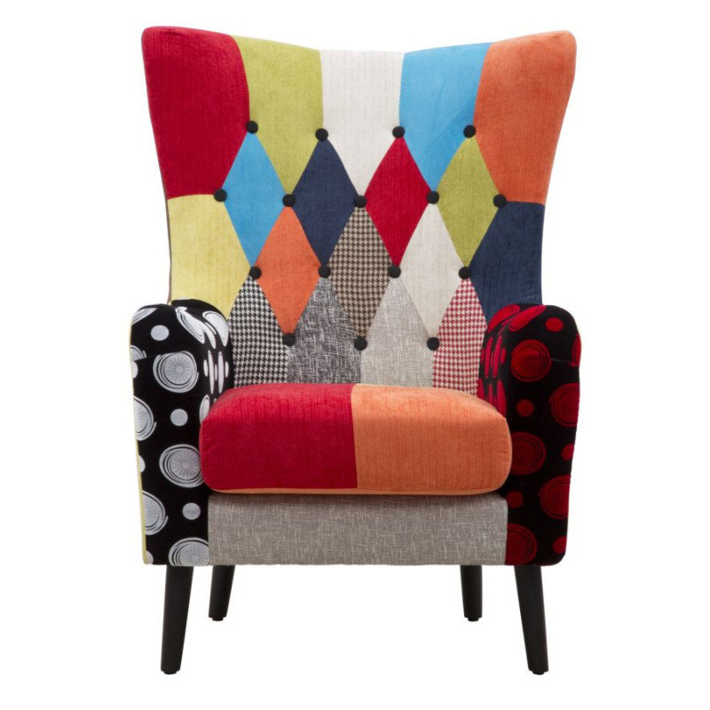 Fauteuil moderne Patchwork en Tissu Multicolore Bois Noir Bois de pin Imperial 