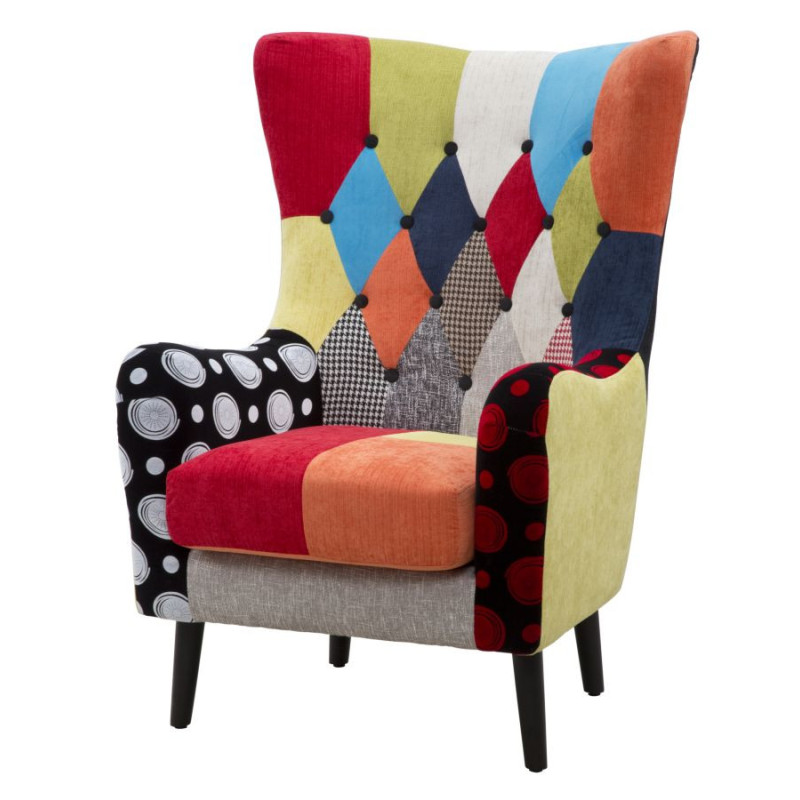 Fauteuil moderne Patchwork en Tissu Multicolore Bois Noir Bois de pin Imperial 
