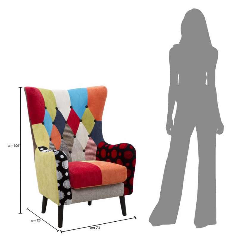 Fauteuil moderne Patchwork en Tissu Multicolore Bois Noir Bois de pin Imperial 