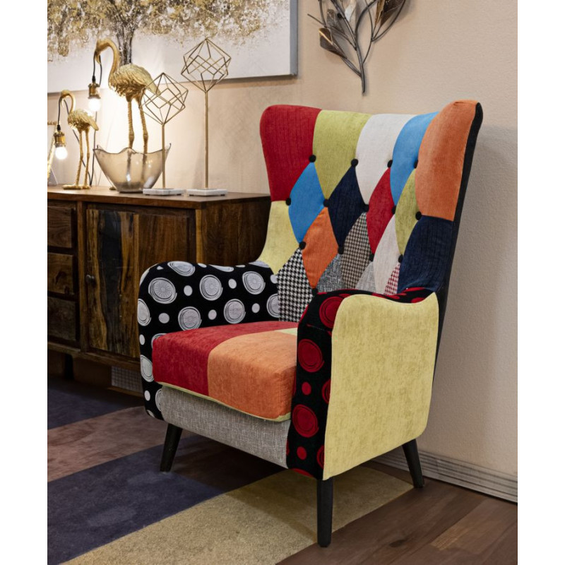 Fauteuil moderne Patchwork en Tissu Multicolore Bois Noir Bois de pin Imperial 