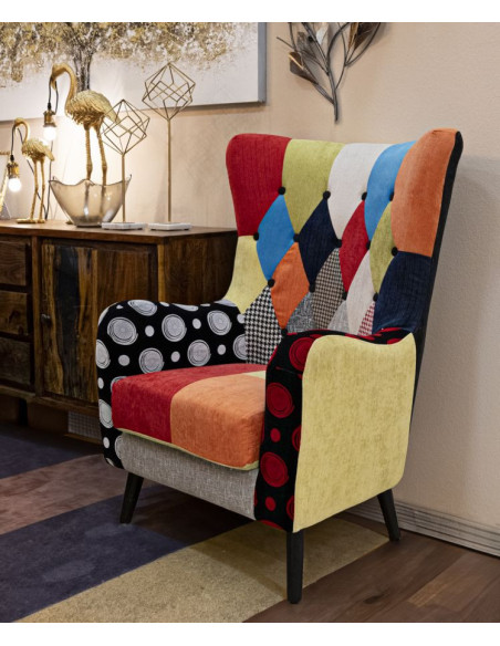 Fauteuil moderne Patchwork en Tissu Multicolore Bois Noir Bois de pin Imperial 