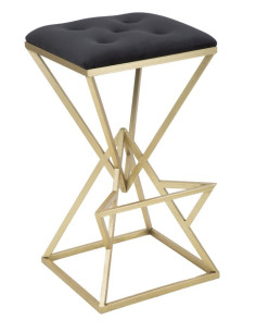 Tabouret de bar design original carré en Velours Noir Capitonné Métal Doré Piramid 
