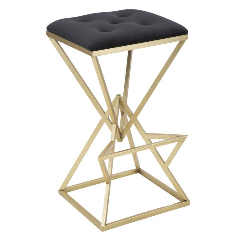 Tabouret de bar design original carré en Velours Noir Capitonné Métal Doré Piramid 