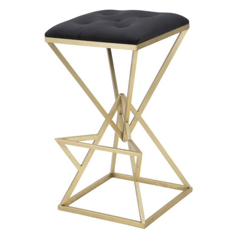 Tabouret de bar design original carré en Velours Noir Capitonné Métal Doré Piramid 