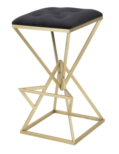 Tabouret de bar design original carré en Velours Noir Capitonné Métal Doré Piramid 