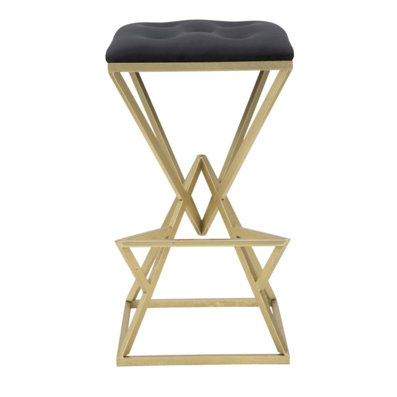 Tabouret de bar design original carré en Velours Noir Capitonné Métal Doré Piramid 
