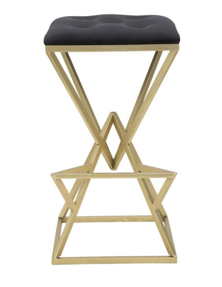 Tabouret de bar design original carré en Velours Noir Capitonné Métal Doré Piramid 