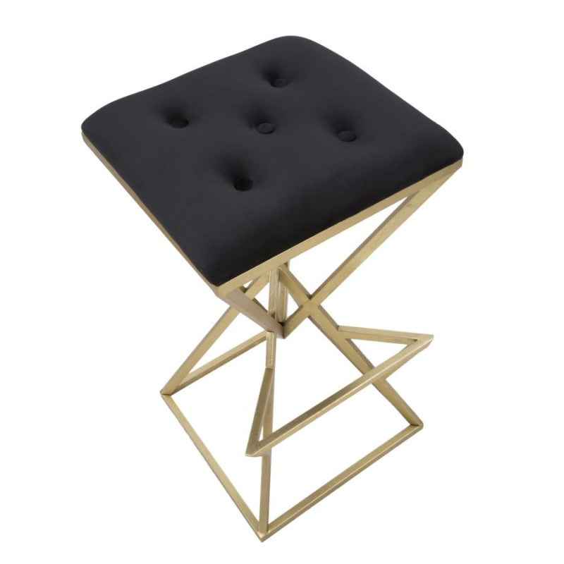 Tabouret de bar design original carré en Velours Noir Capitonné Métal Doré Piramid 