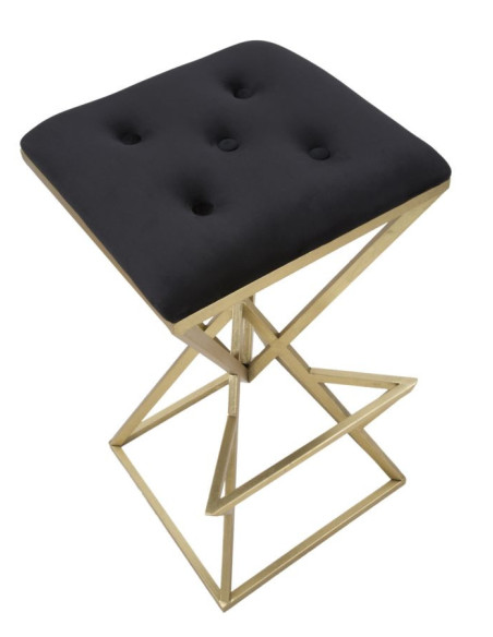 Tabouret de bar design original carré en Velours Noir Capitonné Métal Doré Piramid 