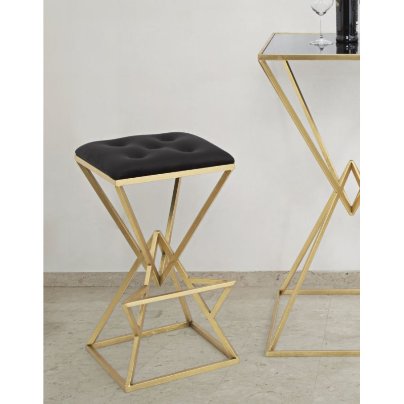 Tabouret de bar design original carré en Velours Noir Capitonné Métal Doré Piramid 