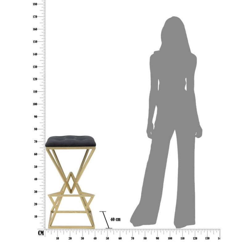 Tabouret de bar design original carré en Velours Noir Capitonné Métal Doré Piramid 