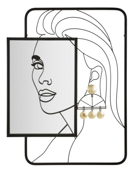 Miroir mural original Visage arty Rectangulaire 64x85 en Métal Noir Doré Eleonor 