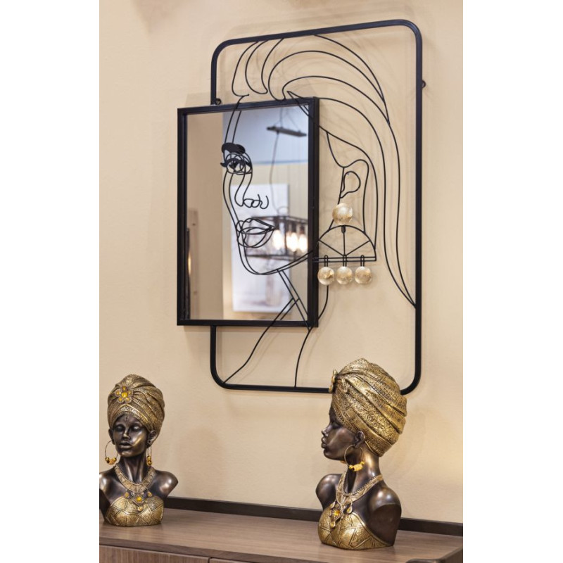 Miroir mural original Visage arty Rectangulaire 64x85 en Métal Noir Doré Eleonor 