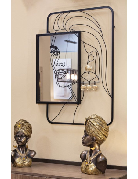 Miroir mural original Visage arty Rectangulaire 64x85 en Métal Noir Doré Eleonor 