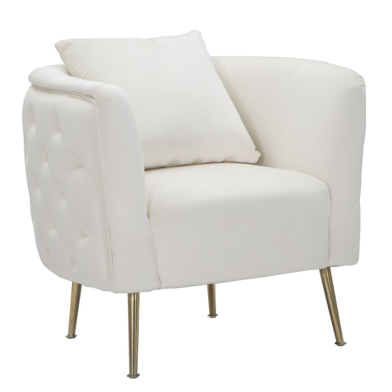 Fauteuil moderne en Velours Blanc crème Capitonné Métal Doré Bois Bucarest 