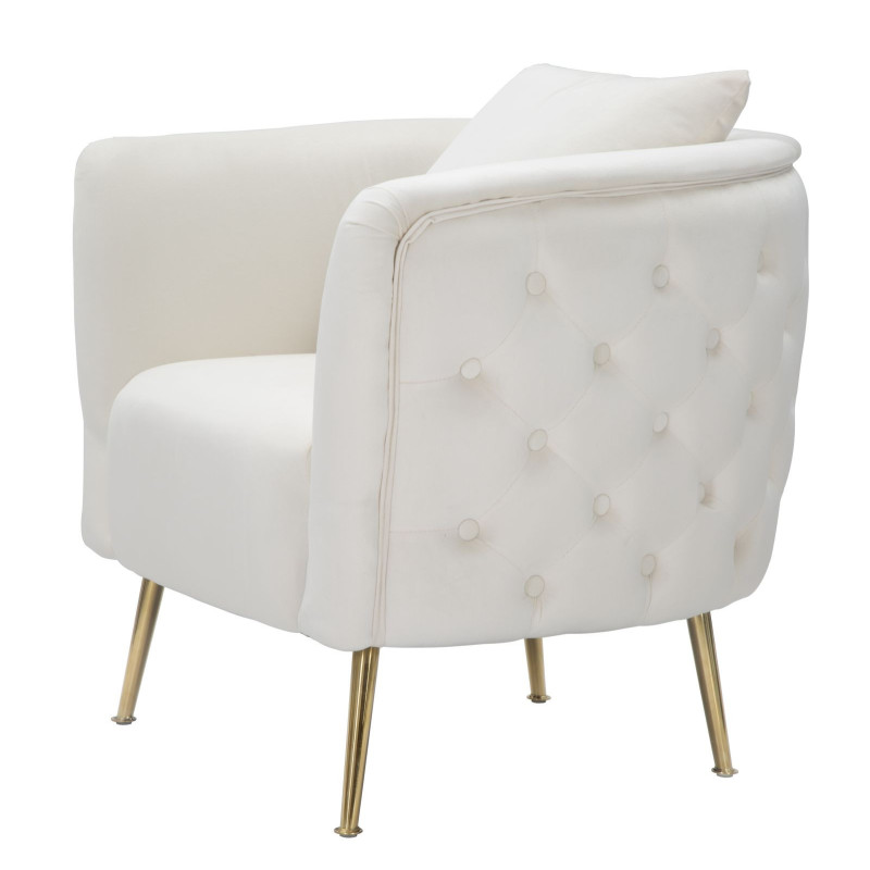 Fauteuil moderne en Velours Blanc crème Capitonné Métal Doré Bois Bucarest 