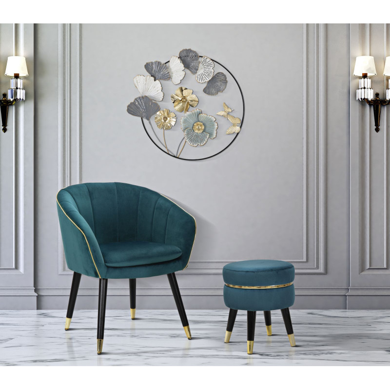 Tabouret moderne Rond en Velours Bleu canard Métal Doré Noir Paris 