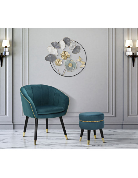 Tabouret moderne Rond en Velours Bleu canard Métal Doré Noir Paris 