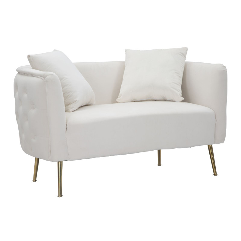 Canapé moderne Droit 2 places en Velours Blanc crème Capitonné Métal Doré Bois Bucarest 