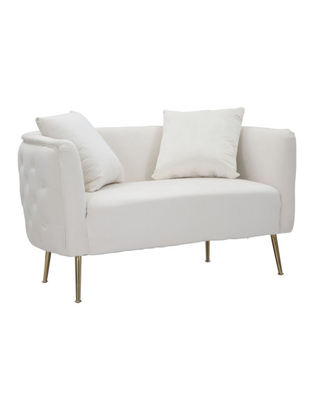 Canapé moderne Droit 2 places en Velours Blanc crème Capitonné Métal Doré Bois Bucarest 
