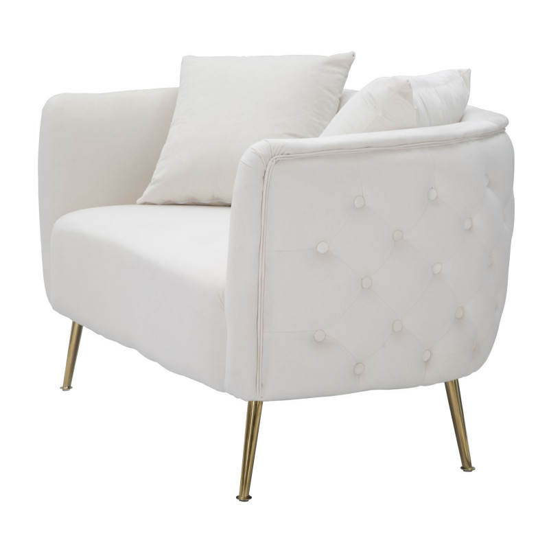 Canapé moderne Droit 2 places en Velours Blanc crème Capitonné Métal Doré Bois Bucarest 