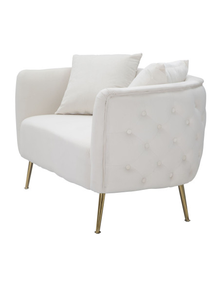 Canapé moderne Droit 2 places en Velours Blanc crème Capitonné Métal Doré Bois Bucarest 