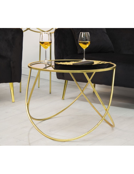 Table basse design originale Ronde en Métal Doré Verre Ring 