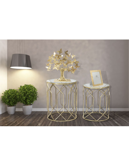 Table d'appoint moderne Ronde en Métal Doré Verre Tunisi (Lot de 2) 