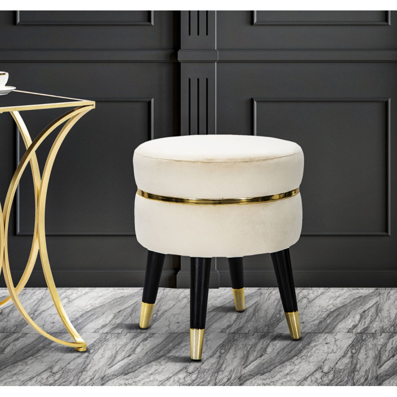 Tabouret moderne Rond en Velours Blanc crème Métal Doré Noir Paris 