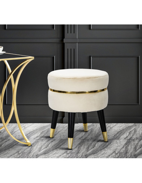 Tabouret moderne Rond en Velours Blanc crème Métal Doré Noir Paris 