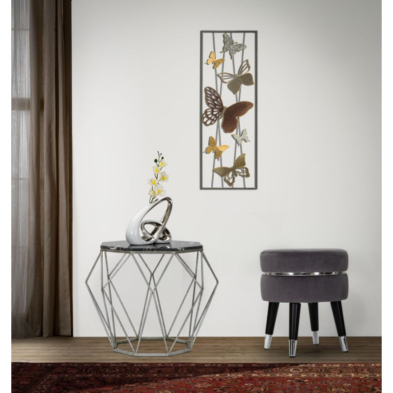 Tabouret moderne Rond en Velours Gris Métal Argenté Noir Paris 