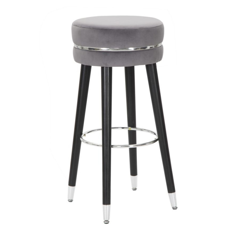 Tabouret de bar moderne rond en Velours Gris Métal Argenté Noir Paris 