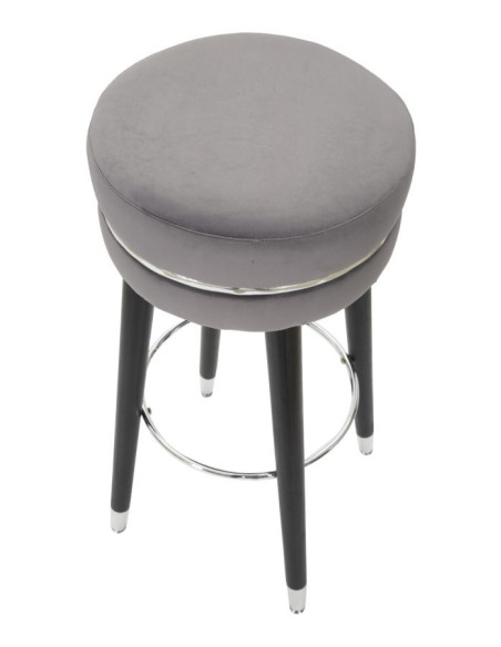 Tabouret de bar moderne rond en Velours Gris Métal Argenté Noir Paris 